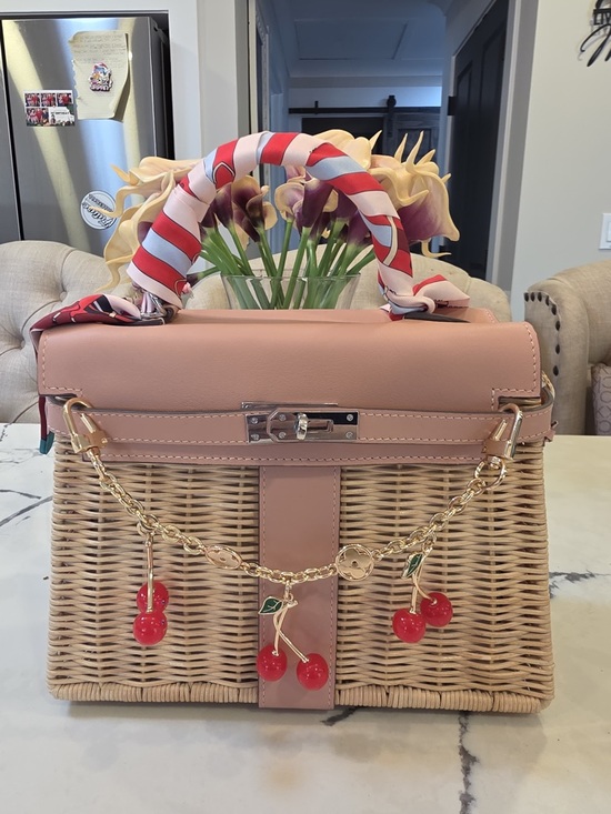 Pink Woven Basket Top-Handle Bag H PICNIC KELLY 28 Mauve pale swift wicker PHW - Picture 5 of 9